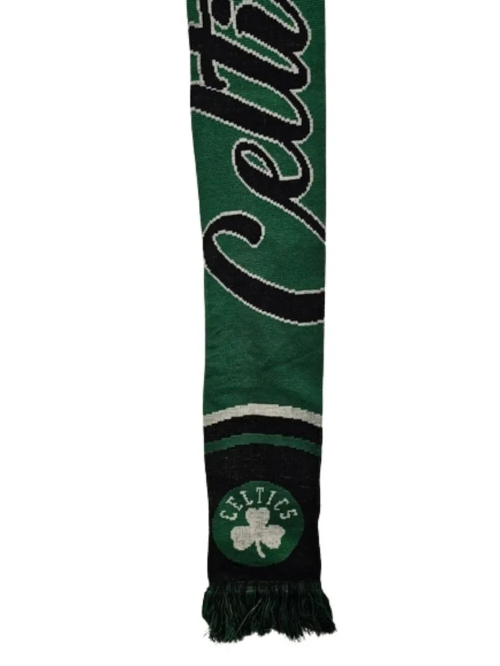 Boston Celtics FOCO NBA Knit Scarf — Green Black Script Logo Shamrock Fringe